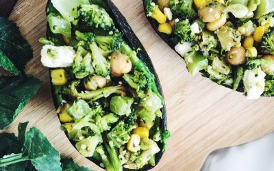 Roasted broccoli, chickpea and avo salad